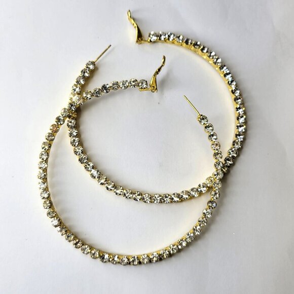 Statement Gold Tone HoopEarrings Crystal Encrusted Hoop Earrings - Picture 4 of 7